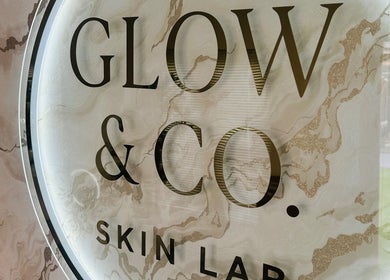 Elegant Glow&co. Skin Lab sign with marble design in Stockton-on-Tees, England, GB.
