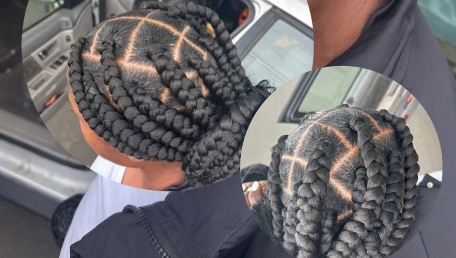 Intricate braided hairstyle at Bria’s Crown Care, West Haven, Connecticut, US.