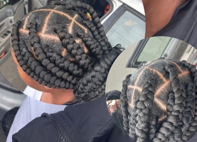 Intricate braided hairstyle at Bria’s Crown Care, West Haven, Connecticut, US.
