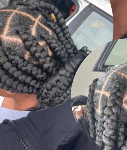 Intricate braided hairstyle at Bria’s Crown Care, West Haven, Connecticut, US.