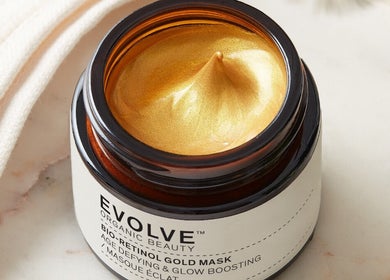 Evolve Organic Beauty gold mask at Nourish & Glow, Swardeston, England, GB. Perfect for radiant skin.