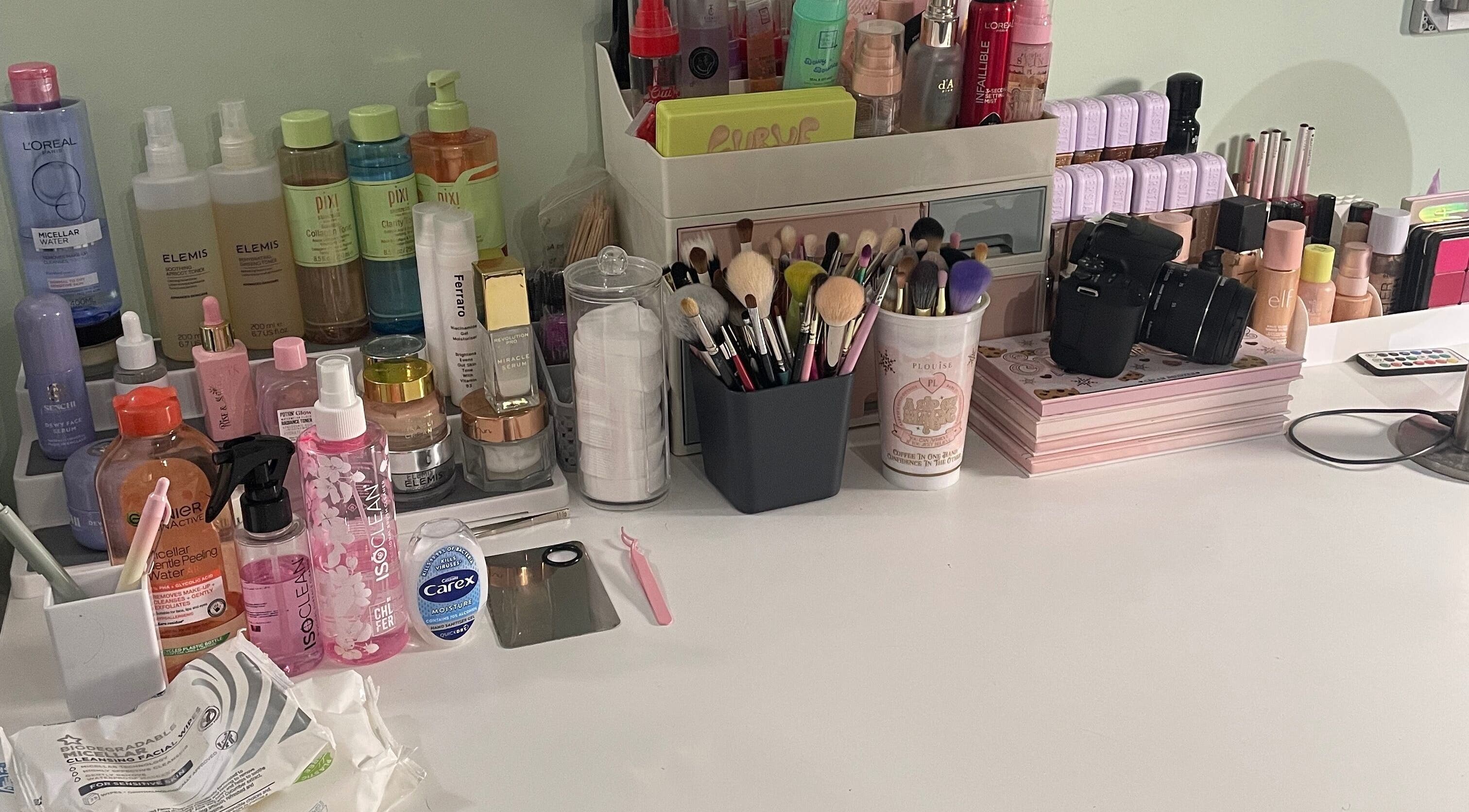 Beauty and makeup setup at karlyb.mua.liverpool, Liverpool, England, GB featuring brushes and skincare products.