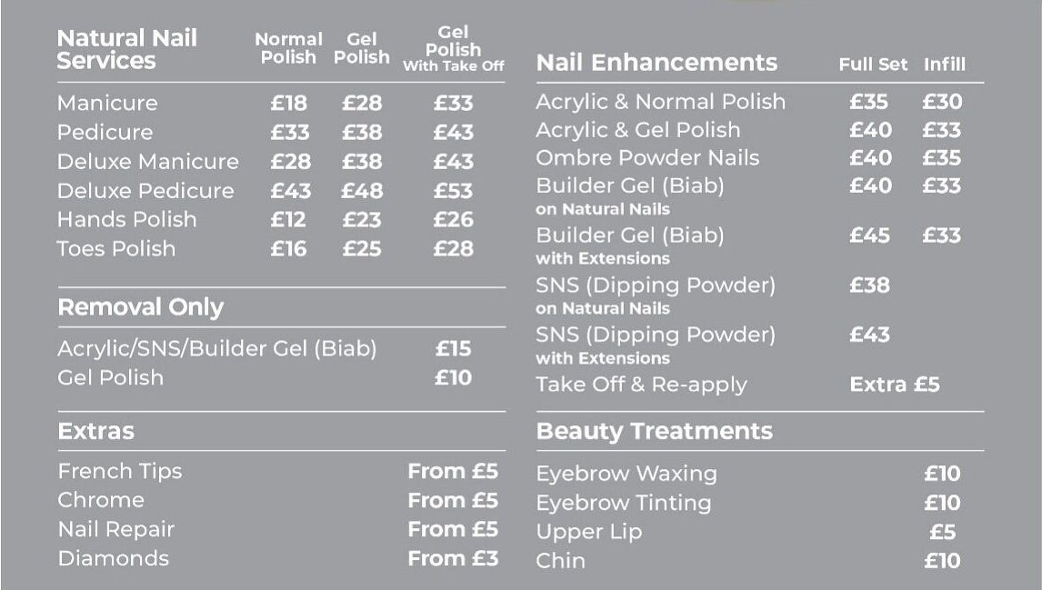 Service menu at Cute-icle Nail Studio, Chalfont Saint Peter, England, GB, detailing manicure and beauty treatments.