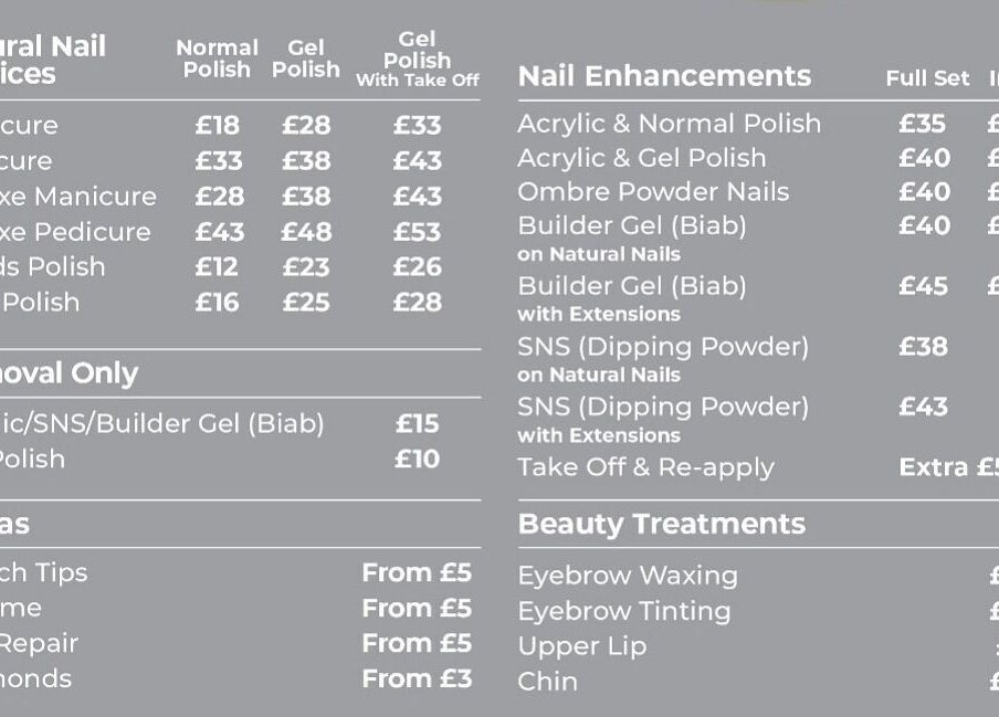 Service menu at Cute-icle Nail Studio, Chalfont Saint Peter, England, GB offering nail and beauty treatments.