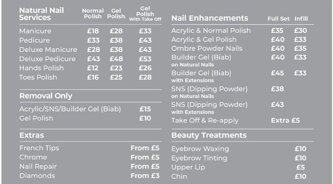 Service menu at Cute-icle Nail Studio, Chalfont Saint Peter, England, GB offering nail and beauty treatments.