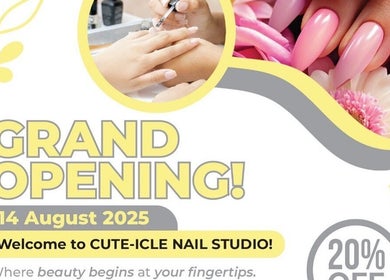 Grand opening flyer for Cute-icle Nail Studio in Chalfont Saint Peter, England, GB. Pink nails and flowers.