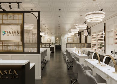 Luxurious interior of Pasea Nail & Spa in Bothell, Washington, US with elegant chandeliers and modern design.