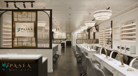 Luxurious interior of Pasea Nail & Spa in Bothell, Washington, US with elegant chandeliers and modern design.
