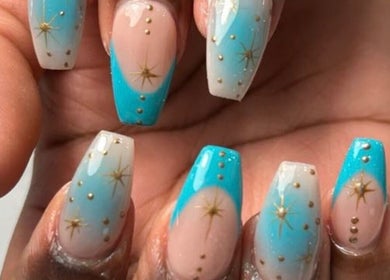 Elegant blue and gold starry nail art at Pasea Nail & Spa, Bothell, Washington, US