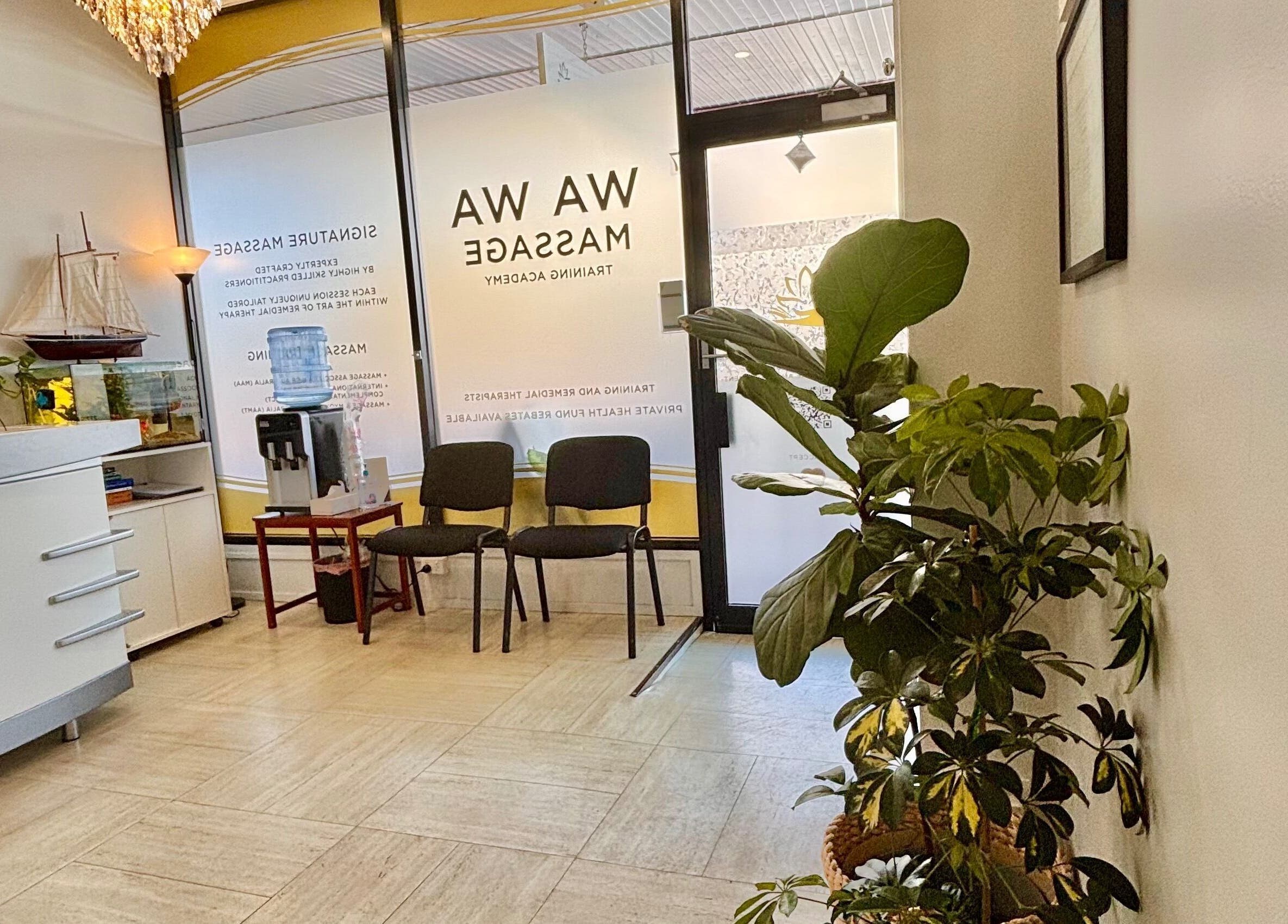 Entrance to WA WA Professional Massage Inverell, subtle decor and plants, Inverell, New South Wales, AU.