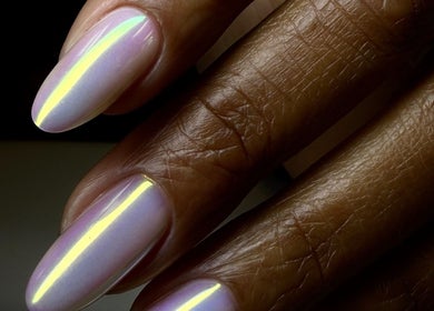 Close-up of holographic nail art at Sasha.B.B.B Nail Studio in Boca Raton, Florida, US.