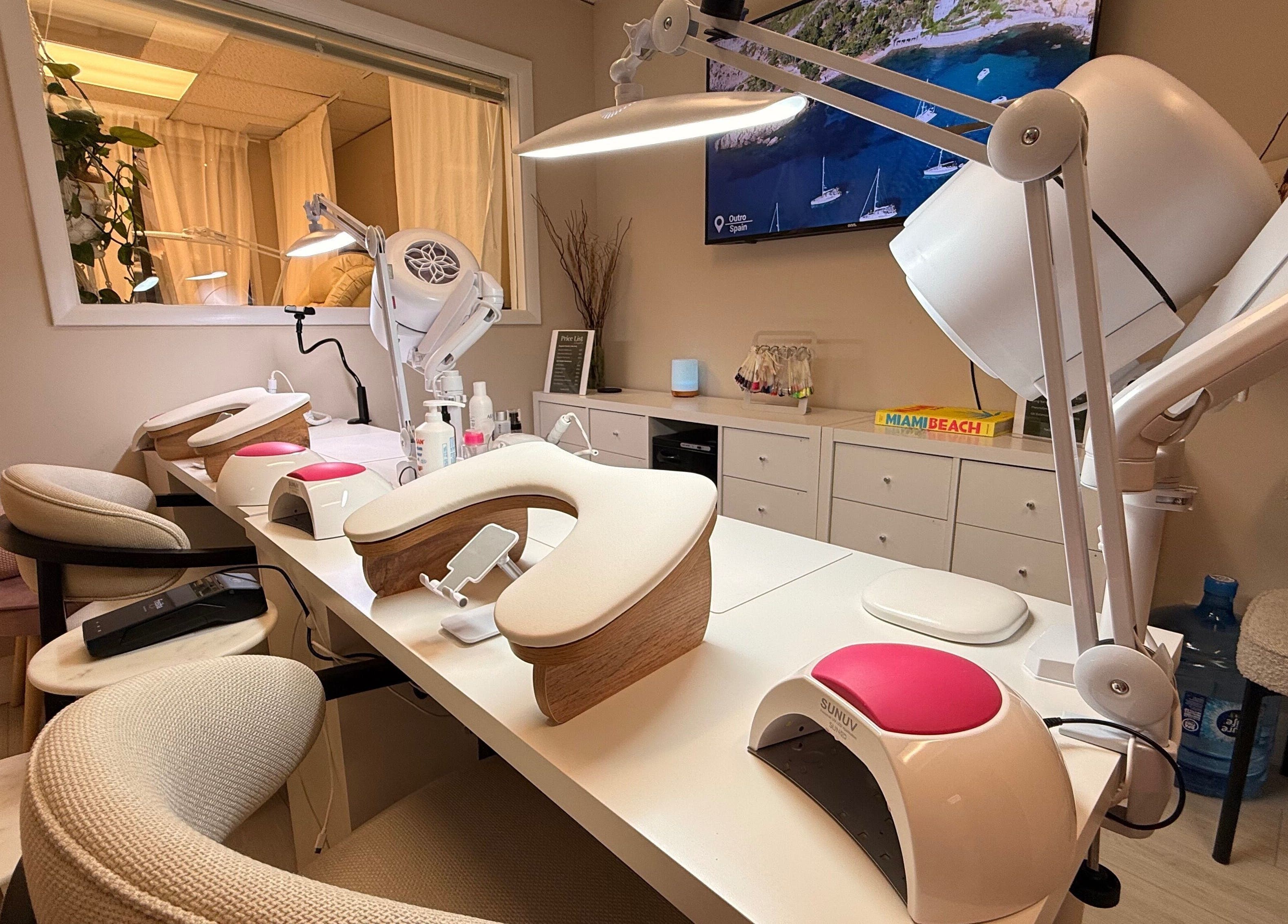 Modern nail station at Sasha.B.B.B Nail Studio in Boca Raton, Florida, US, showcasing a serene and stylish ambiance.