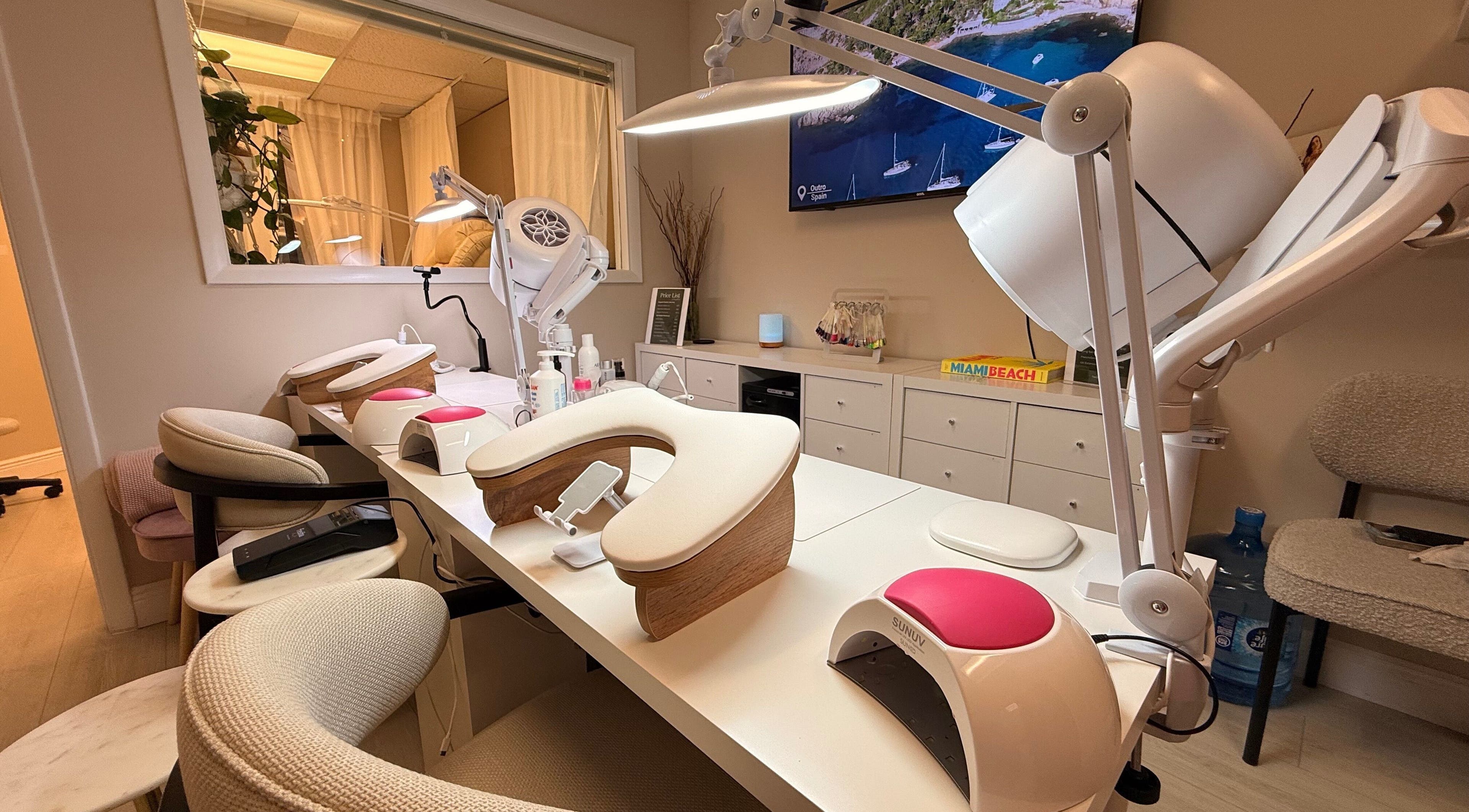 Modern nail station at Sasha.B.B.B Nail Studio in Boca Raton, Florida, US, showcasing a serene and stylish ambiance.