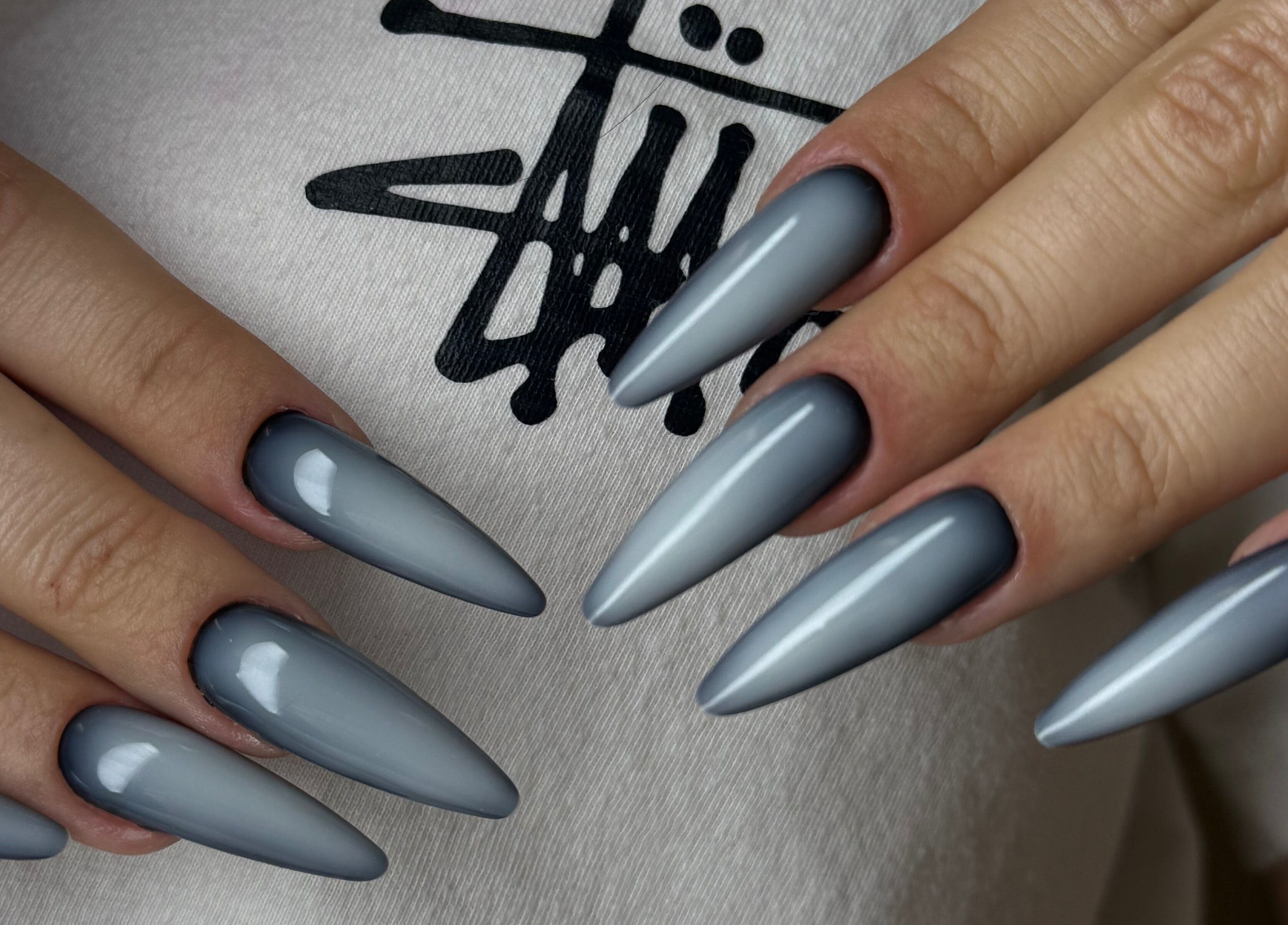 Elegant gray nail art at Sasha.B.B.B Nail Studio, Boca Raton, Florida, US.