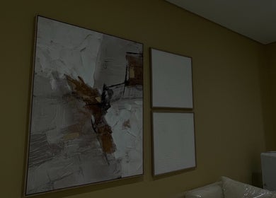 Abstract art adorns walls at Bella Glow Studio, Windhoek, Khomas Region, NA.