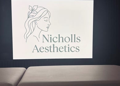 Nicholls Aesthetics logo at the reception area in Burton-on-trent, England, GB.