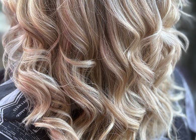 Blonde curls styled at Hair By Fran Barrett in Ripon, England, GB.