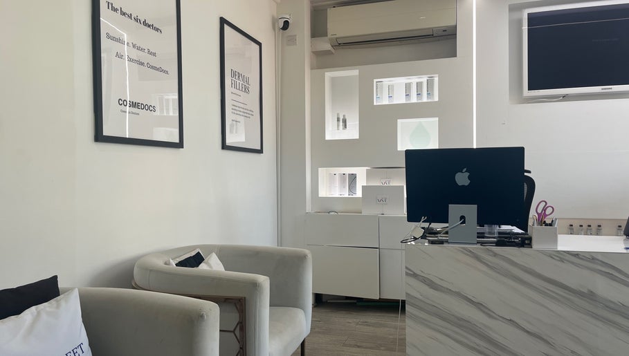 Elegant waiting area at Cosmedocs, London, England, GB, featuring modern decor and serene ambiance.