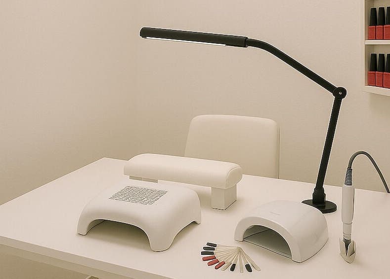 Modern nail care station at Shellac, Casablanca, Région Casablanca-Settat, MA showcasing equipment and polish.