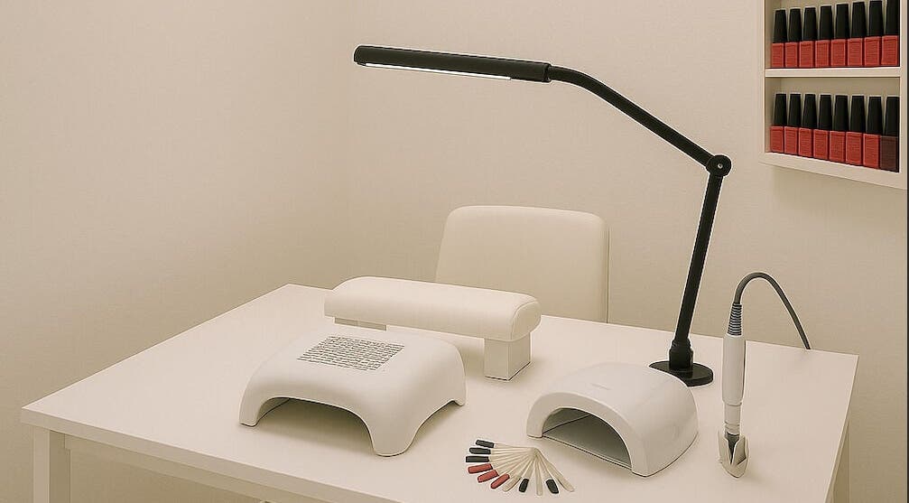 Modern nail care station at Shellac, Casablanca, Région Casablanca-Settat, MA showcasing equipment and polish.