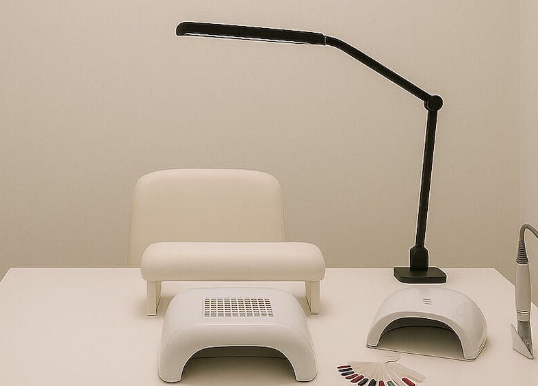 Shellac nail station featuring tools and polish in Casablanca, Région Casablanca-Settat, MA.