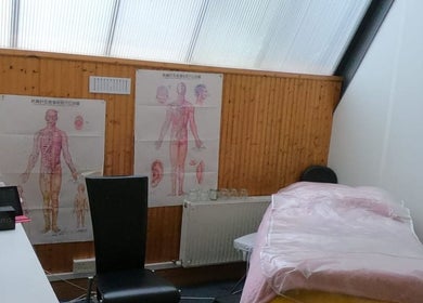 Acupuncture room at Acupuncture by Mary in Dublin, IE, featuring a massage table and anatomical charts.