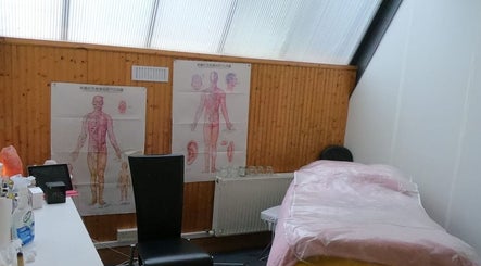 Acupuncture room at Acupuncture by Mary in Dublin, IE, featuring a massage table and anatomical charts.