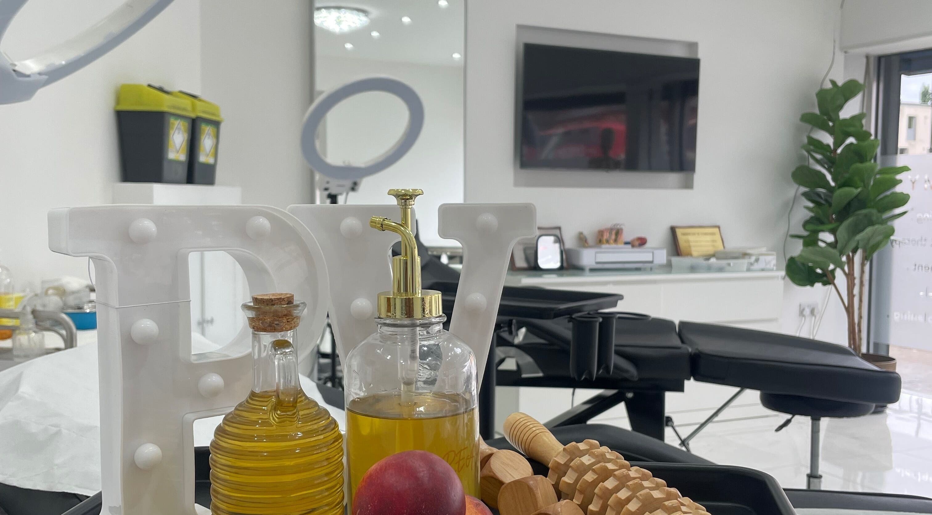 Elegant spa products at Rearview Body in Birmingham, England, GB, showcasing a serene wellness environment.