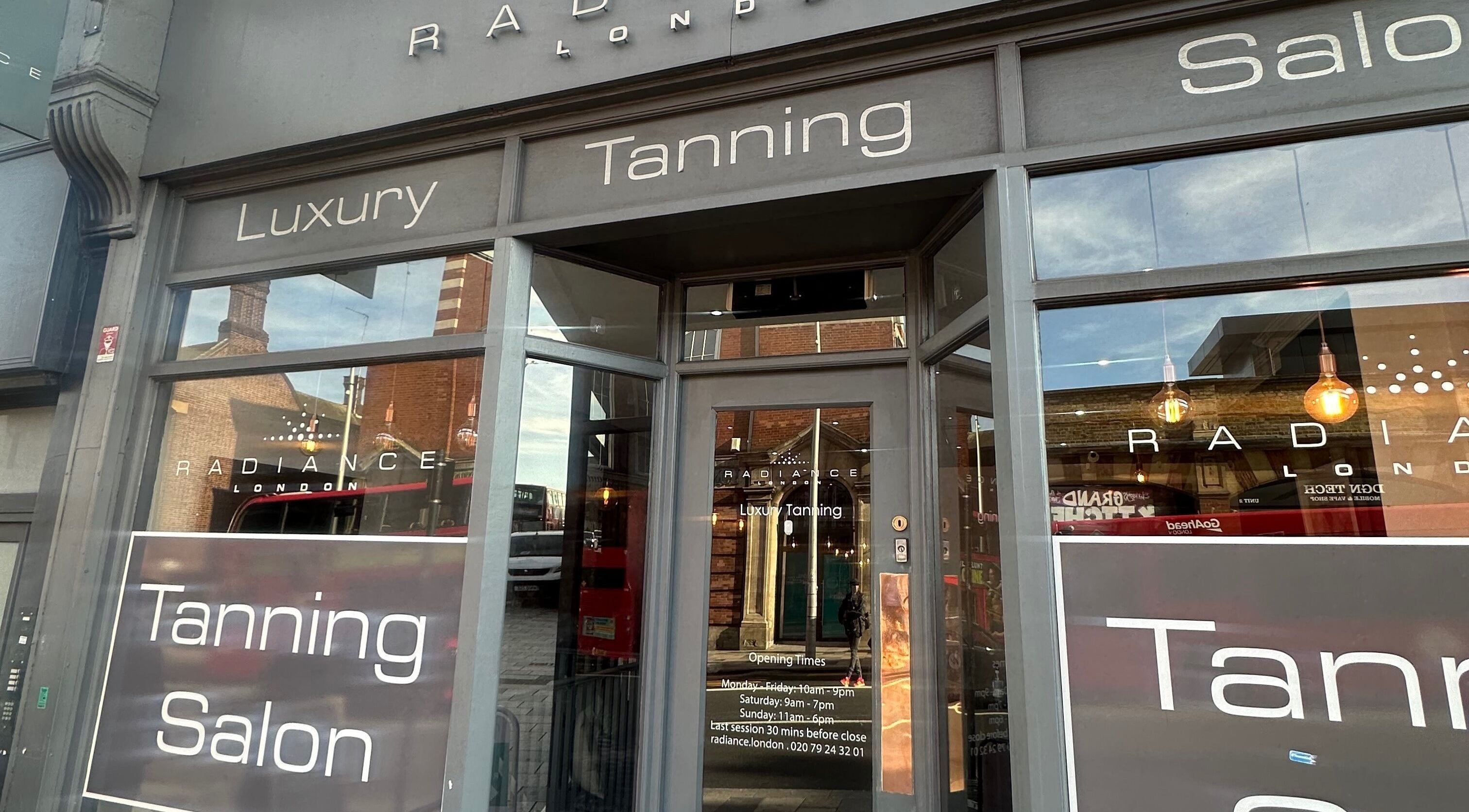Front view of My way beauty salon, tanning service in London, England, GB. Modern and inviting entrance.