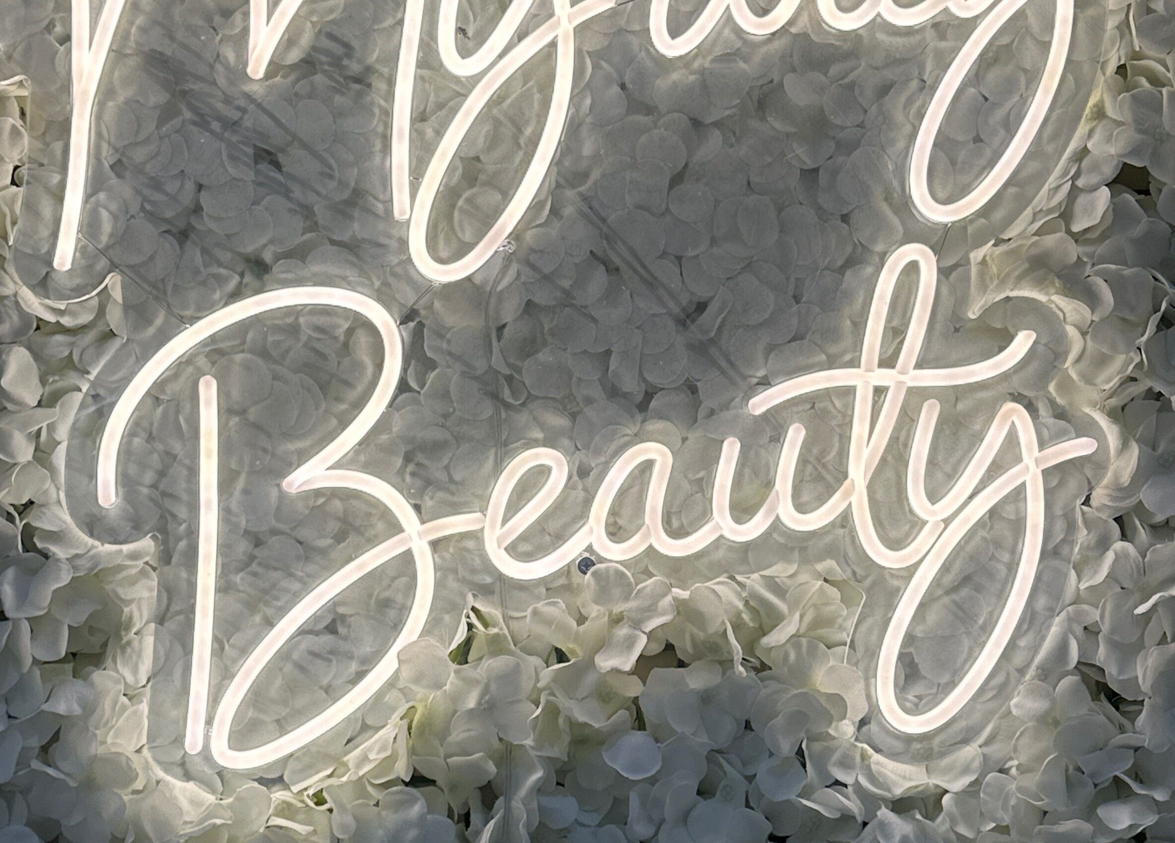 My way beauty neon sign on floral backdrop in London, England, GB.