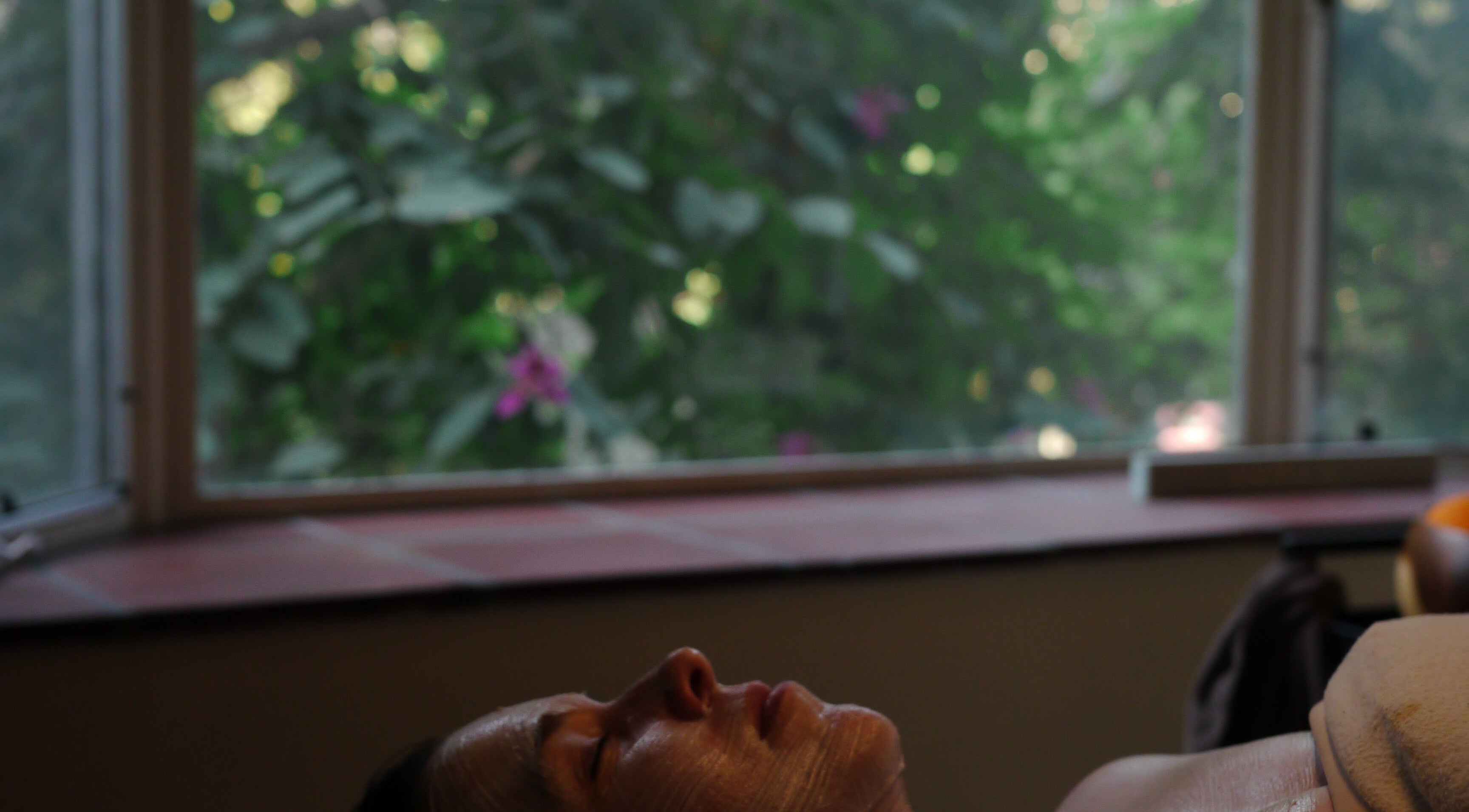 Relaxing facial at Theresa Irene Esthetics with lush greenery in Long Beach, California, US.