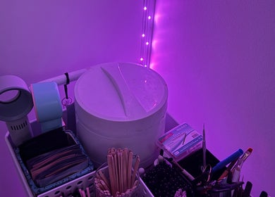 Chic Beauty Studio in Landsborough, Queensland, AU features organized beauty tools under soft lighting.