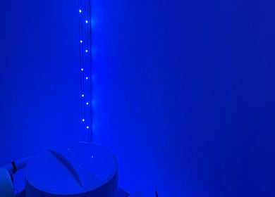Blue-lit corner at Chic Beauty Studio in Landsborough, Queensland, AU, enhancing relaxation ambiance.