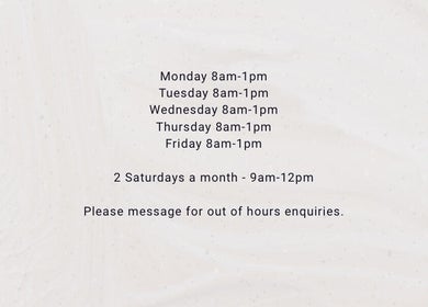 Opening hours for Gloss Studio, Peterborough, England, GB displayed on a textured background.