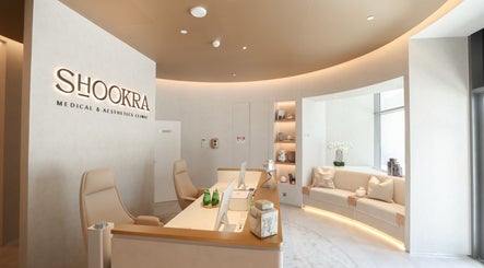Reception area at Shookra Aesthetics and Longevity Clinic, Dubai, AE, featuring plush seating and modern design.