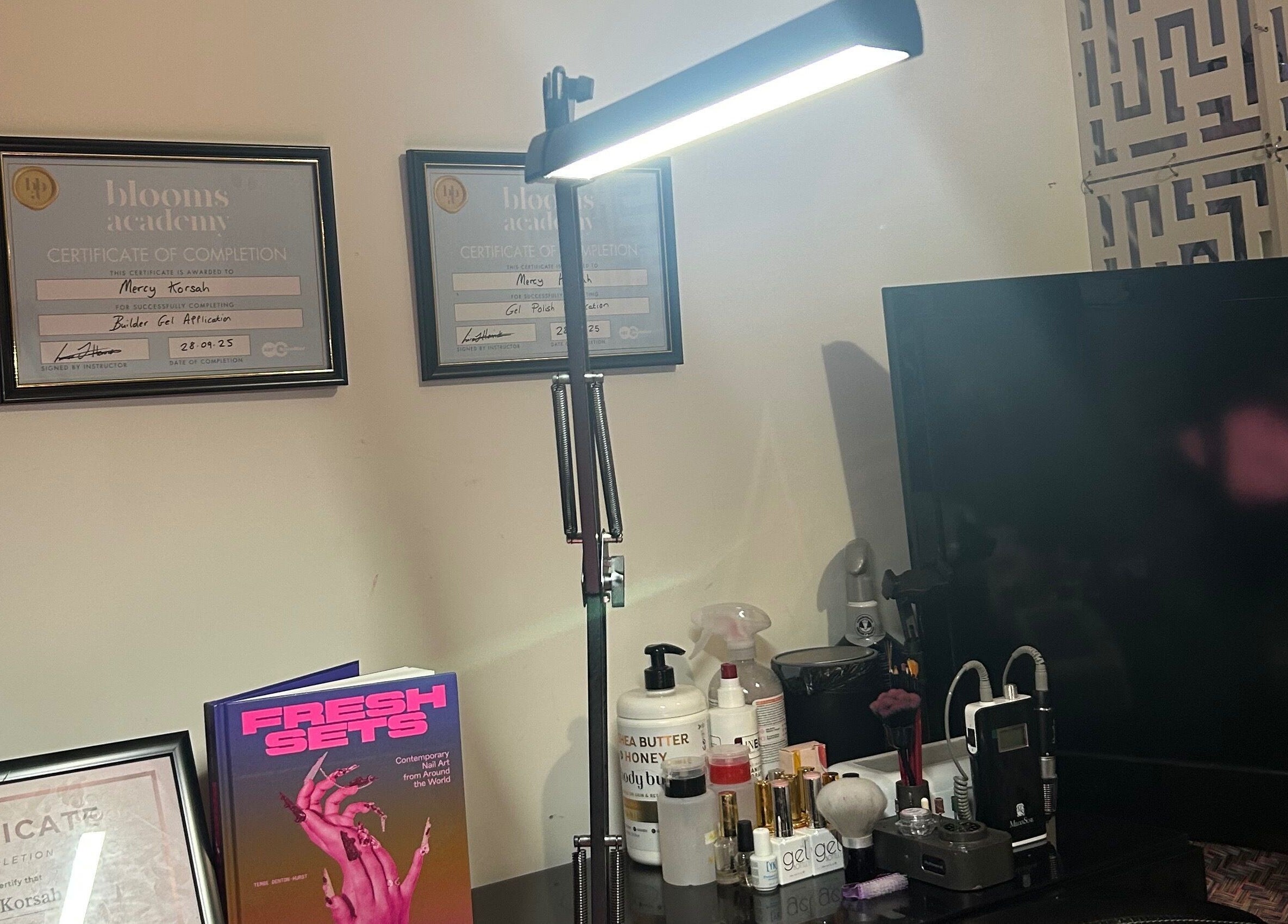 MKDesigns beauty setup with certificates and products in Harlow, England, GB.