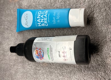 Hand cream and sanitizer at The Nail Society, Benoni, Gauteng, ZA.
