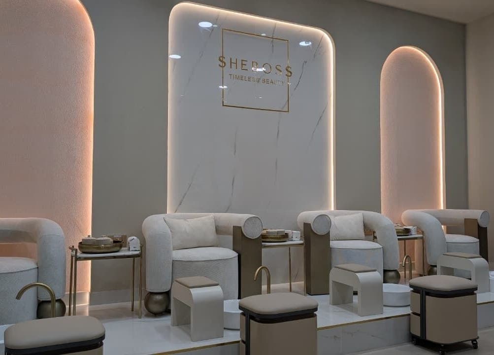 Premium pedicure lounge at Sheboss Timeless Beauty Saloon LLC, Dubai, AE with plush seating and chic decor.