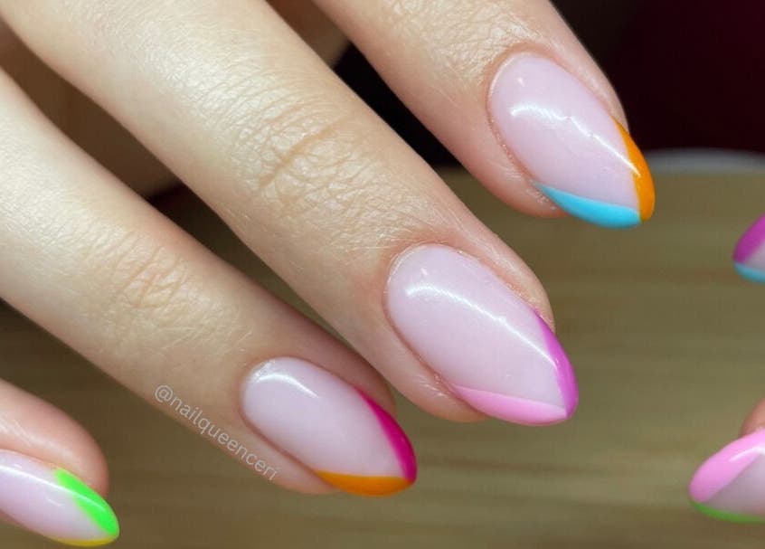 Colorful French manicures at Ceri Elizabeth Nail Queen in Belfast, Northern Ireland, GB.