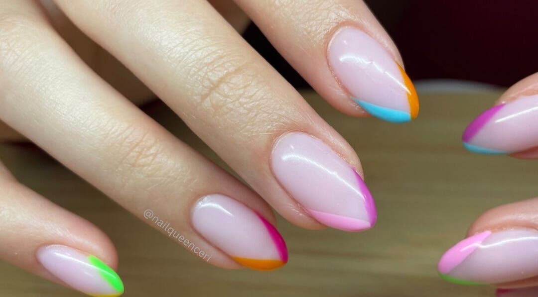 Colorful French manicures at Ceri Elizabeth Nail Queen in Belfast, Northern Ireland, GB.
