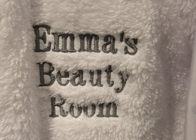 Embroidered robe at Beauty Room, Emma's Beauty Room, Southampton, England, GB. Luxurious and comforting ambiance.
