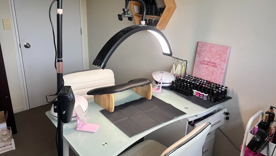 Flawless Finish nail station in Leithfield, Canterbury Region, NZ, showcasing manicure tools and polishes.