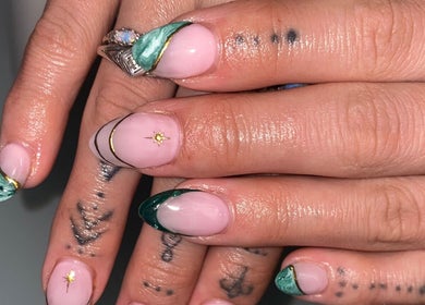 Intricate nail art with green accents at Gel by Jade, Woodend, Canterbury Region, NZ.