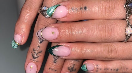 Intricate nail art with green accents at Gel by Jade, Woodend, Canterbury Region, NZ.