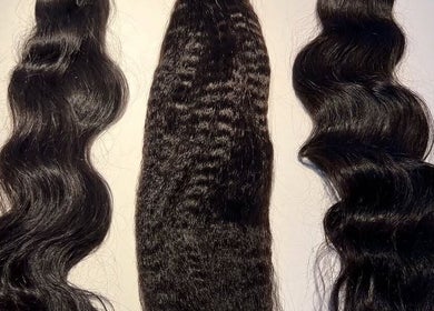 Various hair extensions at Jaylicious Beauty, Ballito, Kwazulu-natal, ZA showcasing silky and wavy textures.