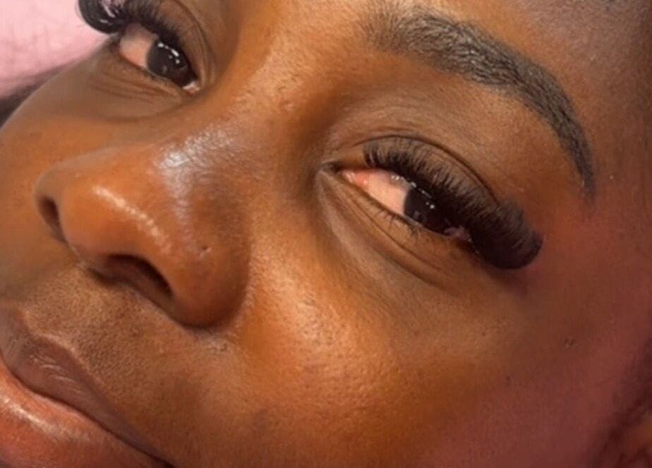 Close-up of a woman's eyelashes styled at Get_Lasshed, Leeds, England, GB.