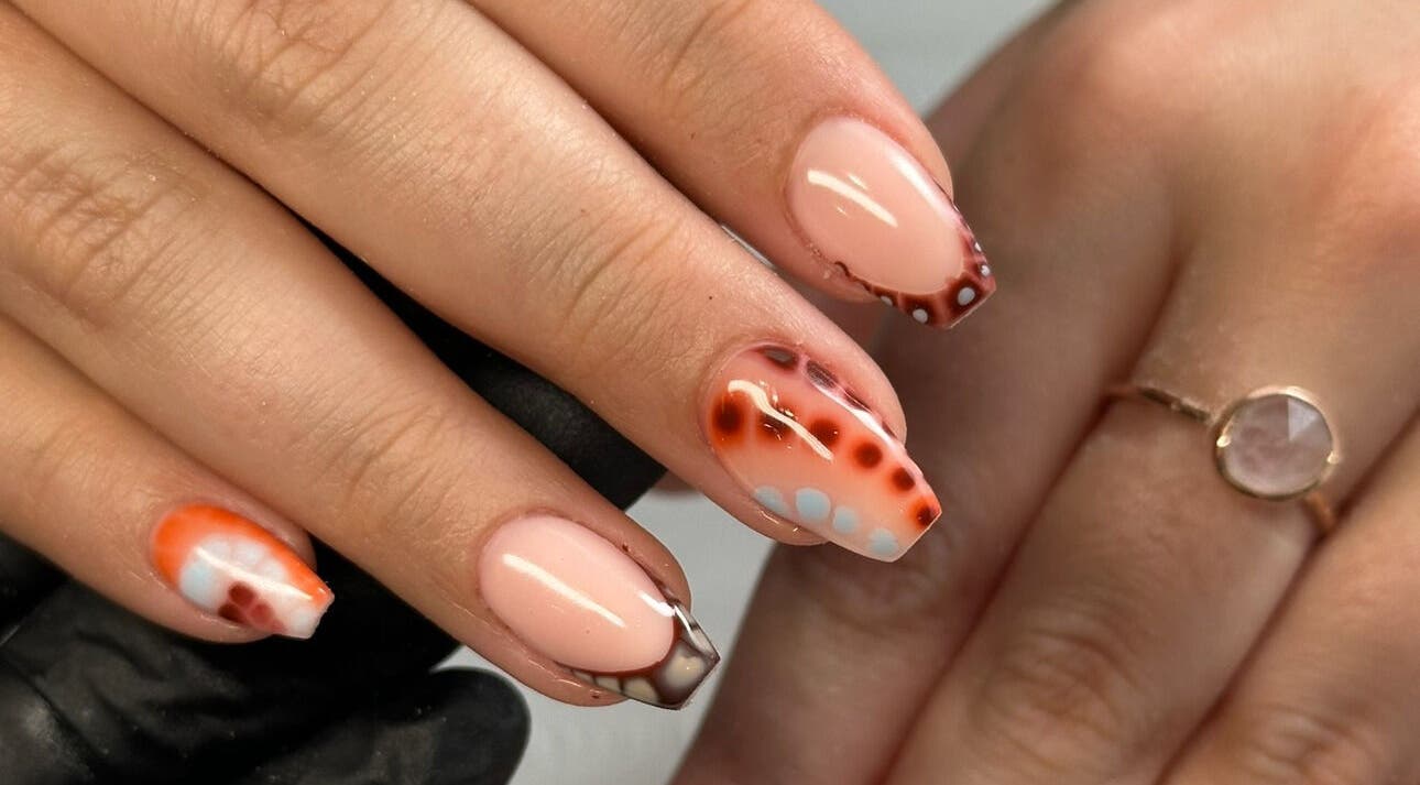 Intricate nail art design showcased at Glow with Megan, Lower Stondon, England, GB.