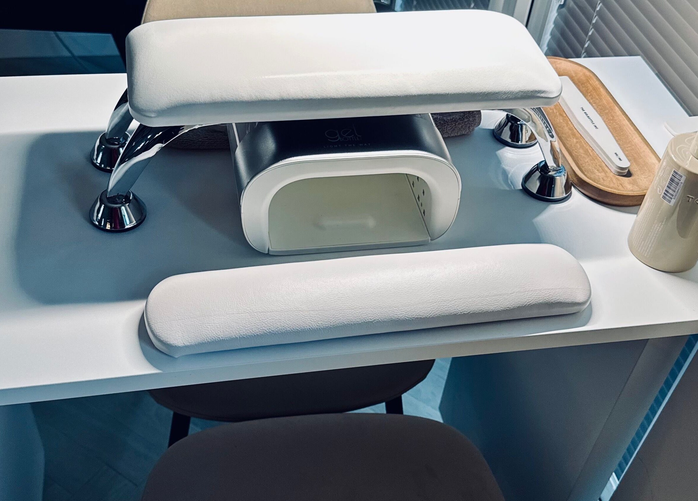 Modern nail station setup at The Nail Edit in Eskbank, Dalkeith, Scotland, GB with manicure tools.