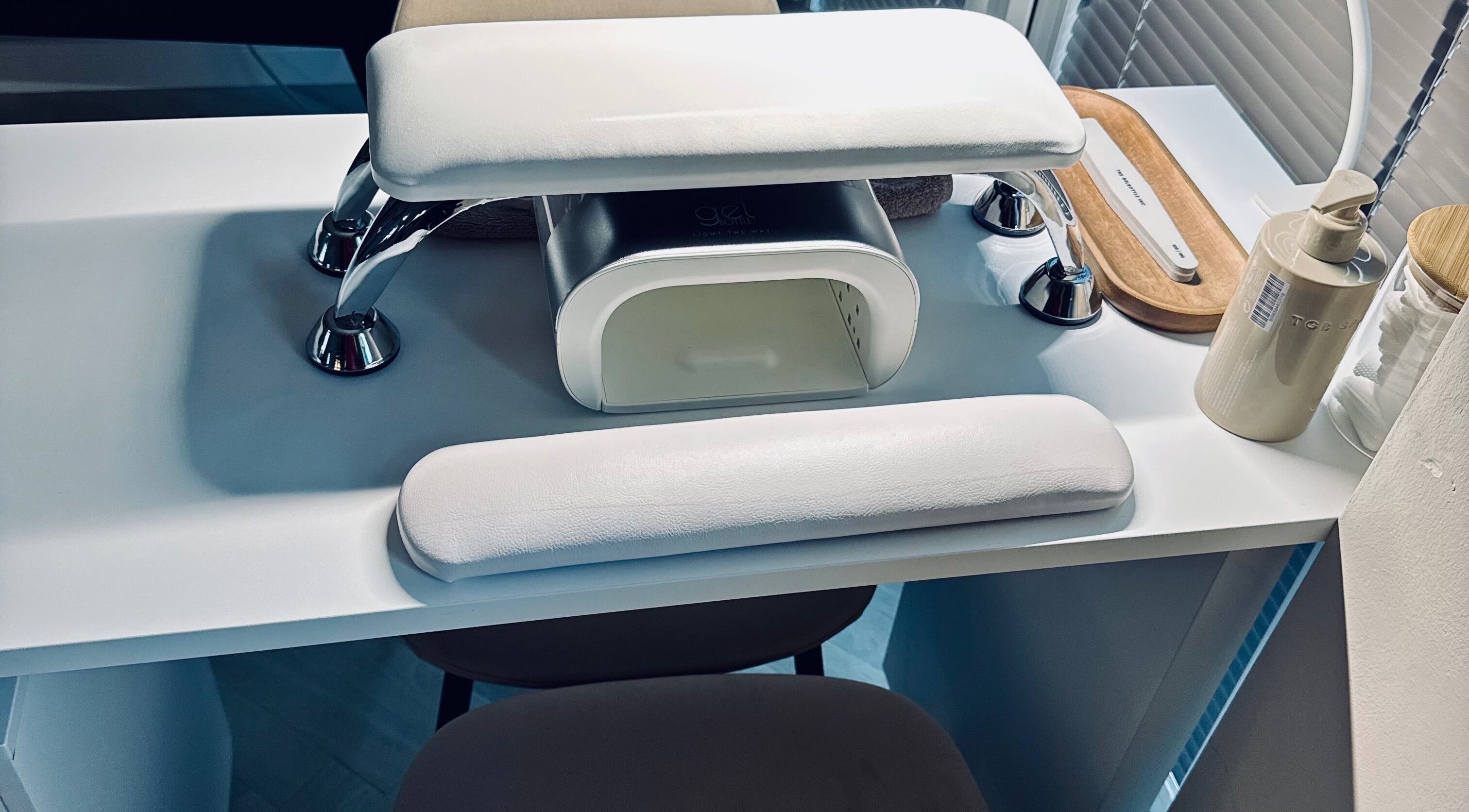 Modern nail station setup at The Nail Edit in Eskbank, Dalkeith, Scotland, GB with manicure tools.