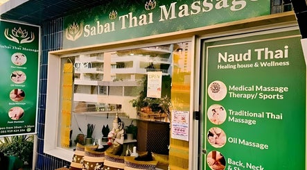Front view of Sabai Thai Massage Portimao in Portimão, Faro, PT, showcasing traditional Thai decor and signage.